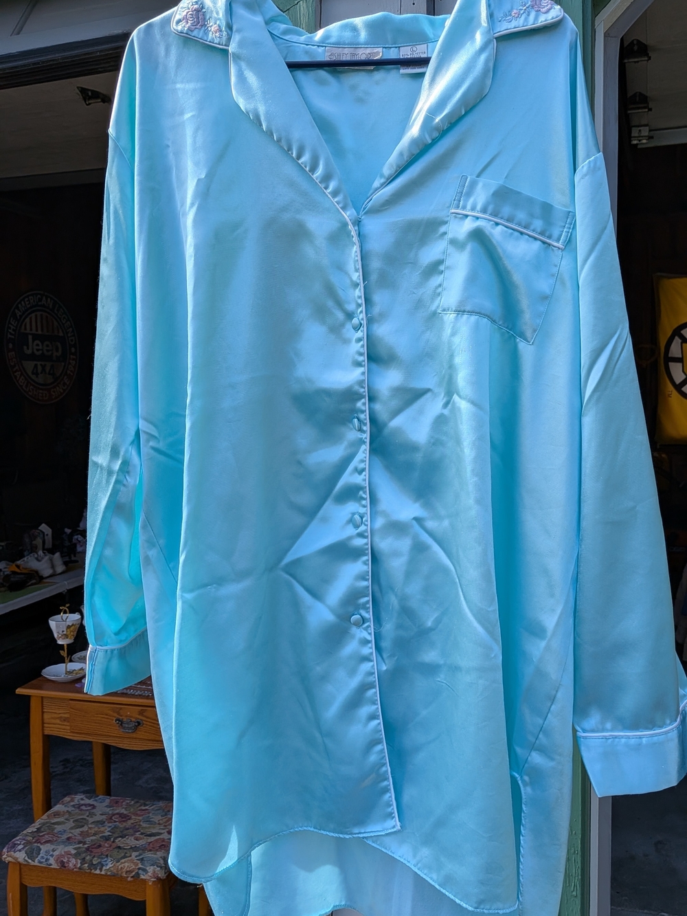 Ashley Taylor Light Blue Satin Button-Front Sleep Shirt